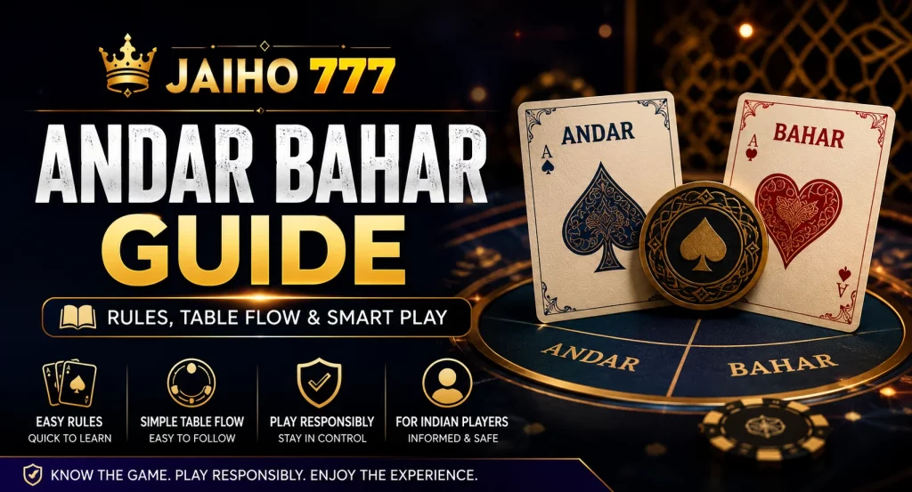 Jaiho 777 Andar Bahar Guide banner with premium dark casino table, playing cards, gold accents, and responsible play message for Indian players.