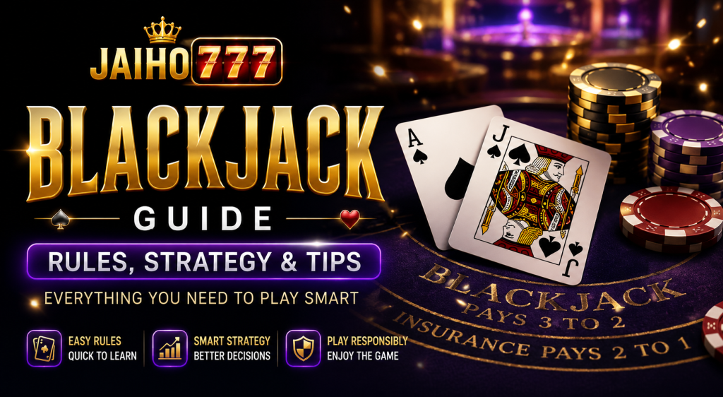 Jaiho 777 Blackjack Guide banner with premium casino cards, chips, gold title text, and responsible play theme for Indian readers.