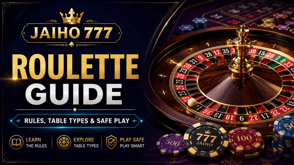 Jaiho 777 Roulette Guide banner with premium roulette wheel, casino chips, gold title text, and safe play message for Indian players.