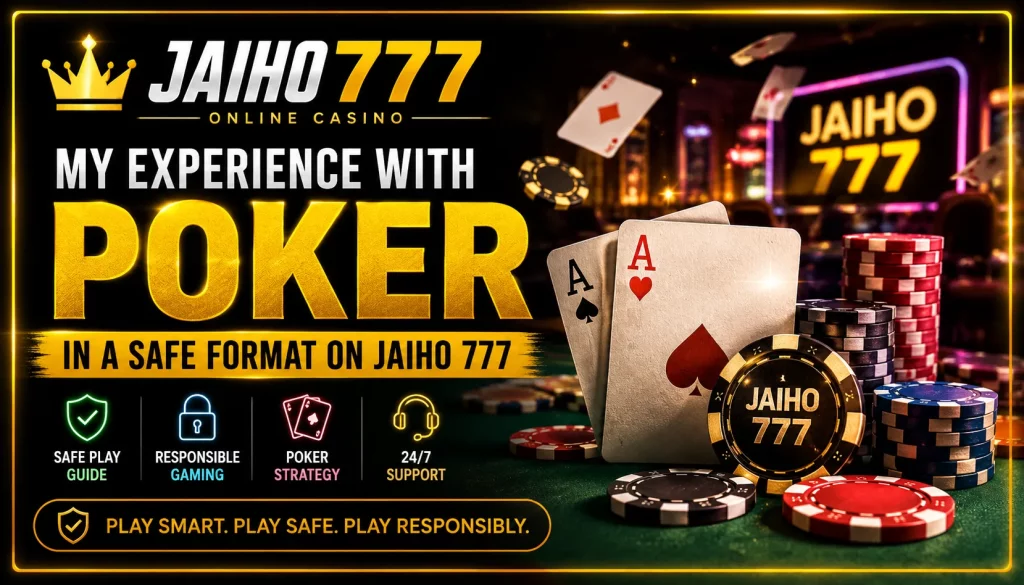 Jaiho 777 Poker article banner with playing cards, casino chips, neon lights, and safe responsible gaming theme.
